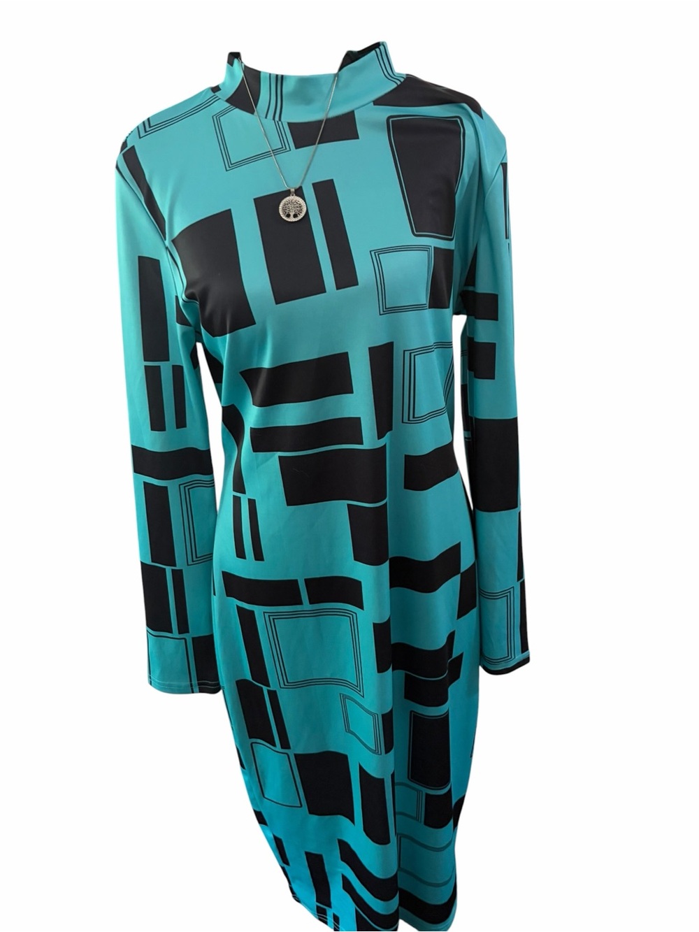 SHEIN Turquoise & Black Geometric Mock Neck Mini Dress Size M